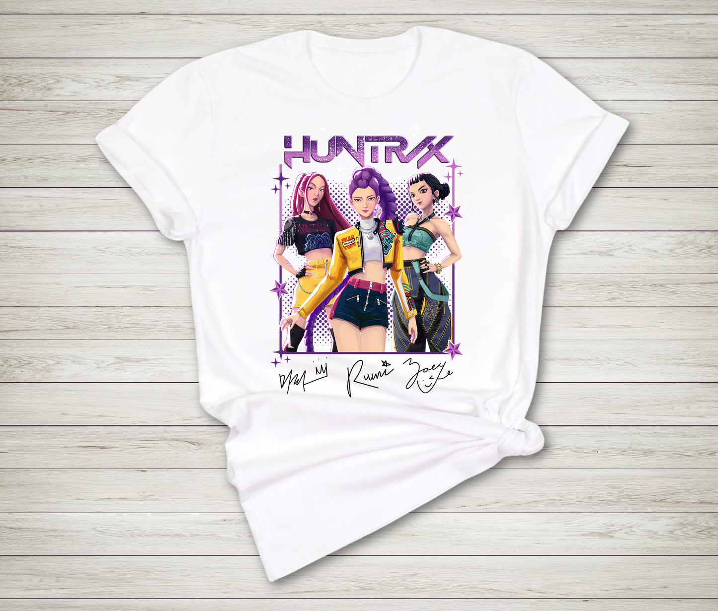 Demon Hunters K-pop fan t-shirt flat lay