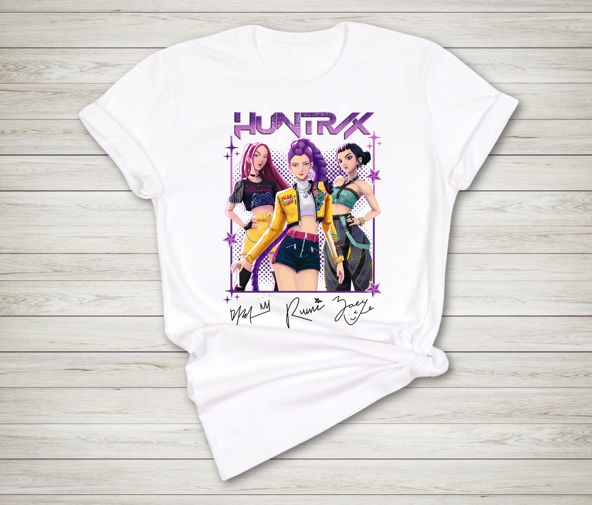 Demon Hunters K-pop fan t-shirt flat lay