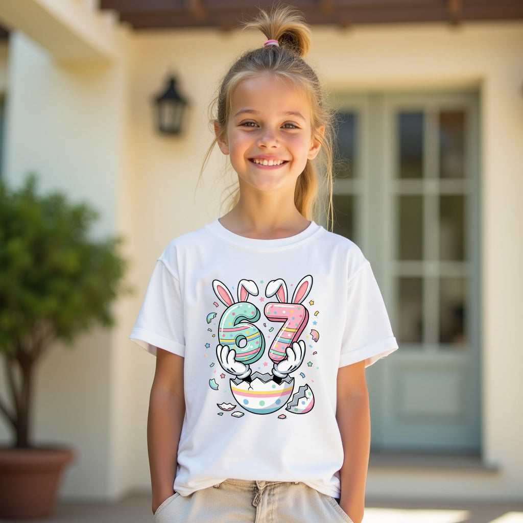 Young girl wearing a white t-shirt with a colorful number 67 design, standing outdoors.