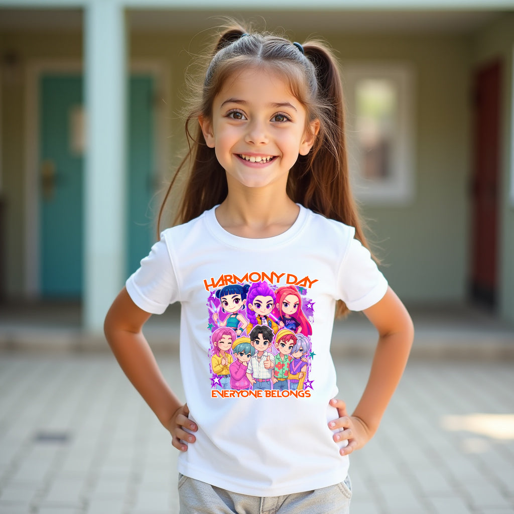 Young girl wearing a white t-shirt with colorful graphics and text, standing outdoors.