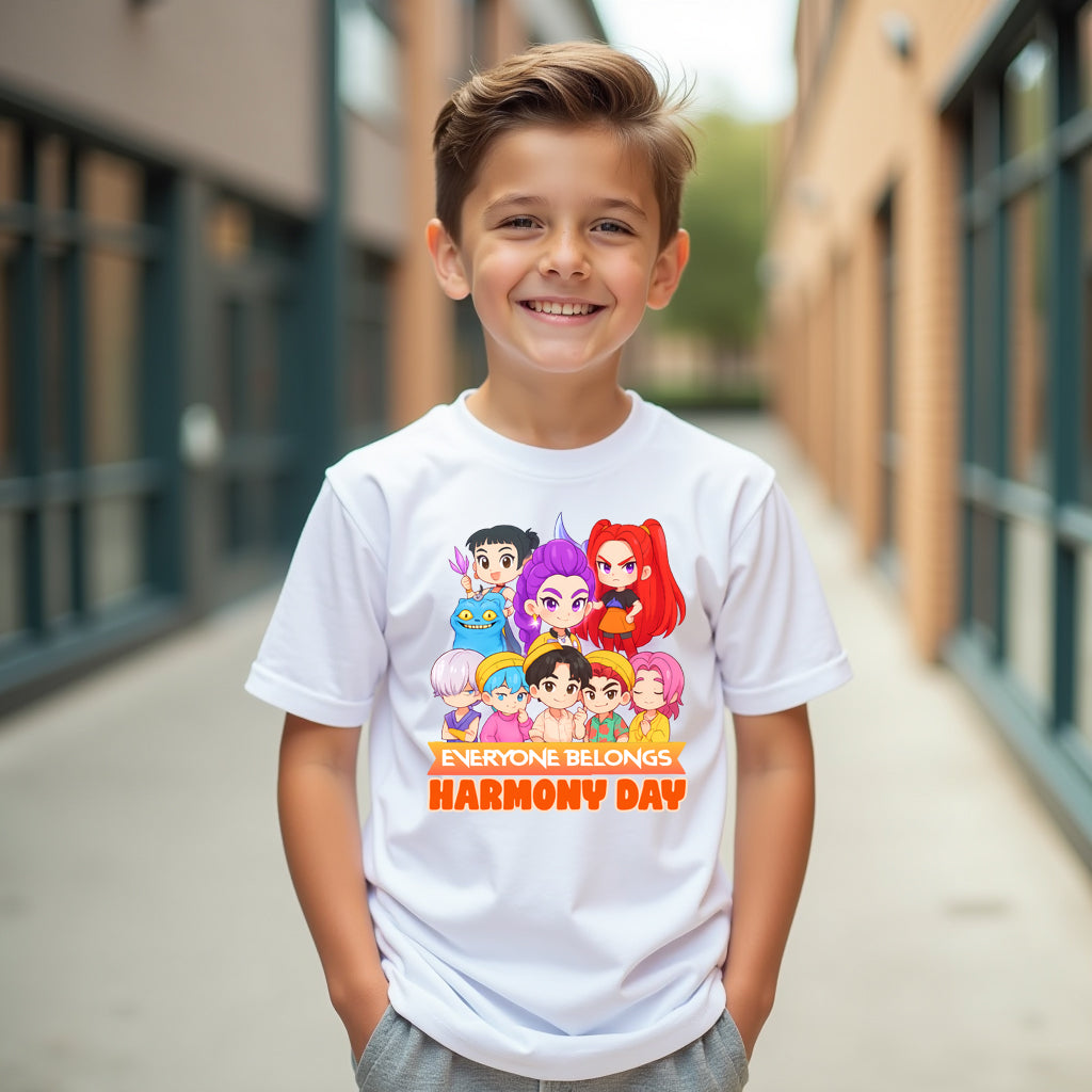 Child wearing a white t-shirt with colorful characters and 'Harmony Day' text in an outdoor setting.