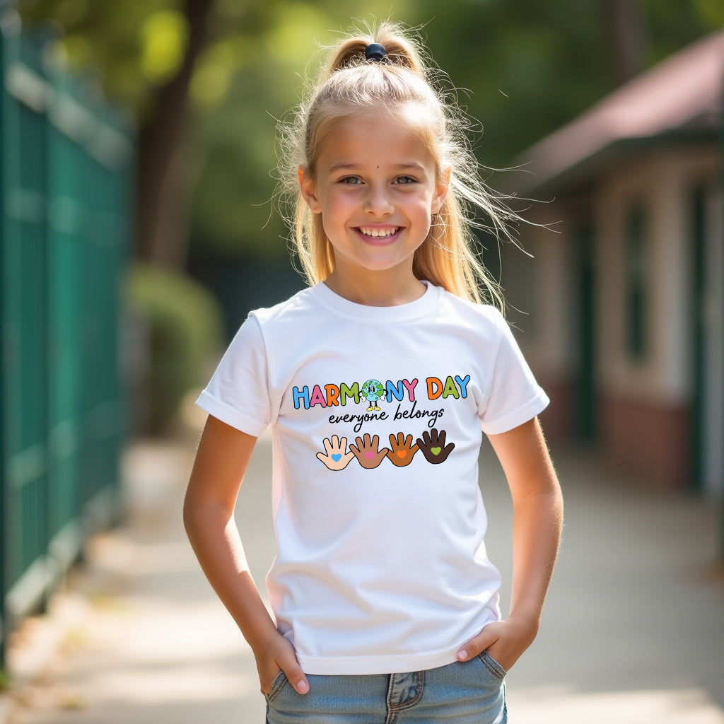 Young girl wearing a 'Harmony Day' t-shirt with colorful text and hand icons outdoors.