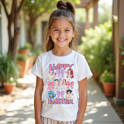 Young girl wearing a 'Happy Easter Kpop' t-shirt with cartoon characters outdoors.