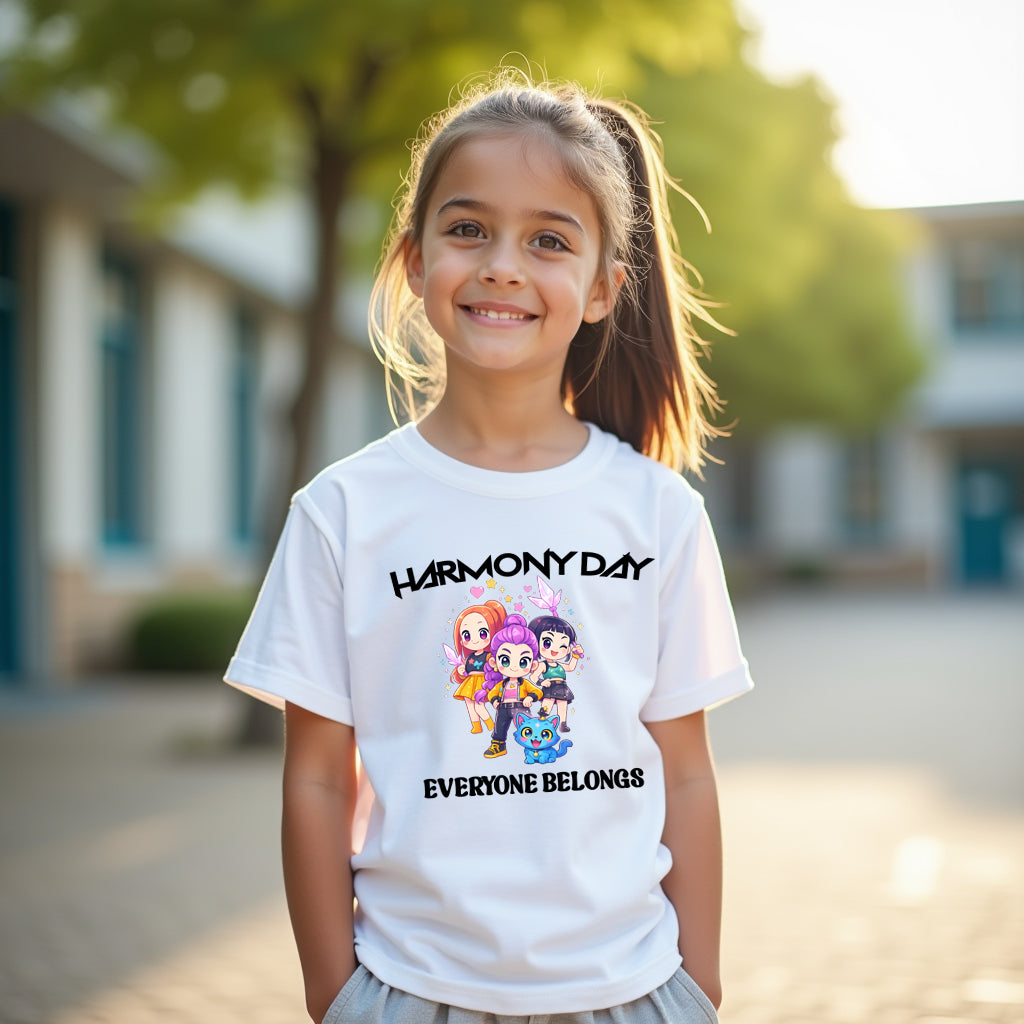 Child wearing a 'Harmony Day Everyone Belongs' t-shirt outdoors.