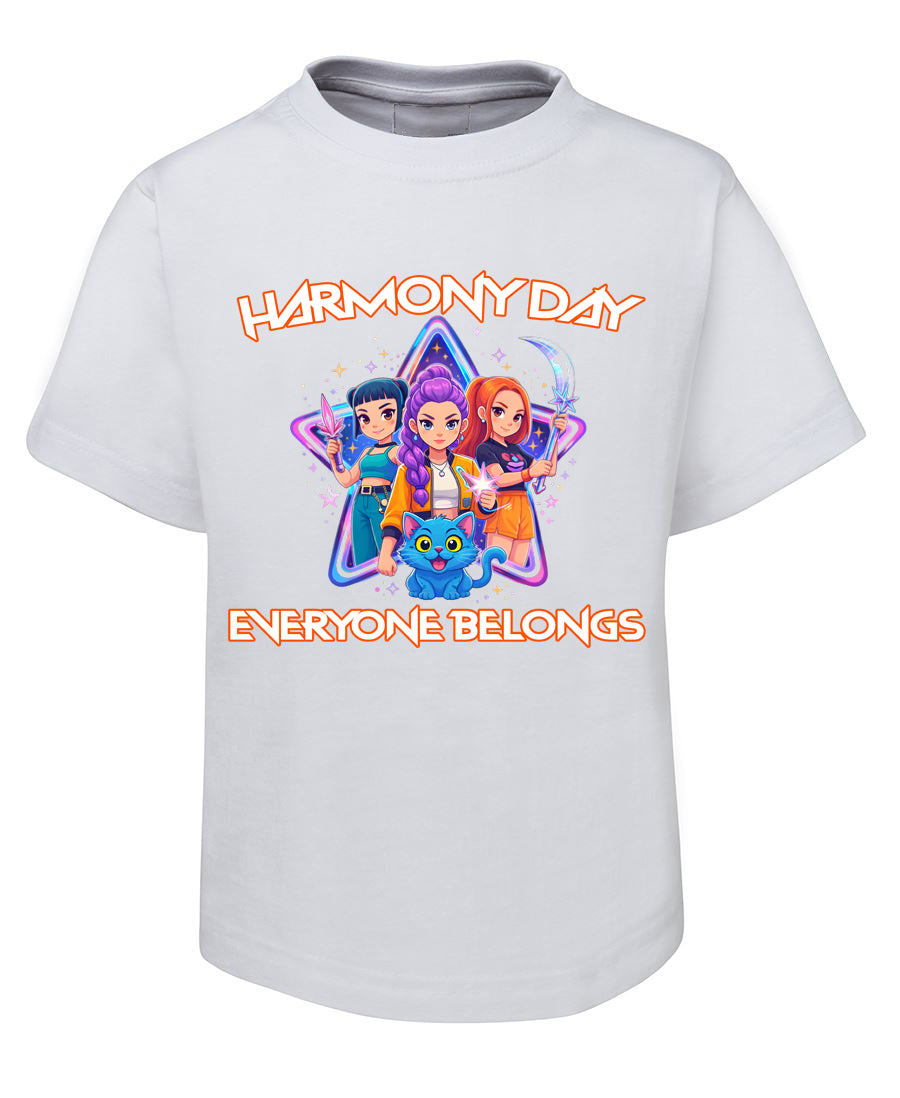 White t-shirt with colorful graphic and text 'Harmony Day Everyone Belongs' on a white background