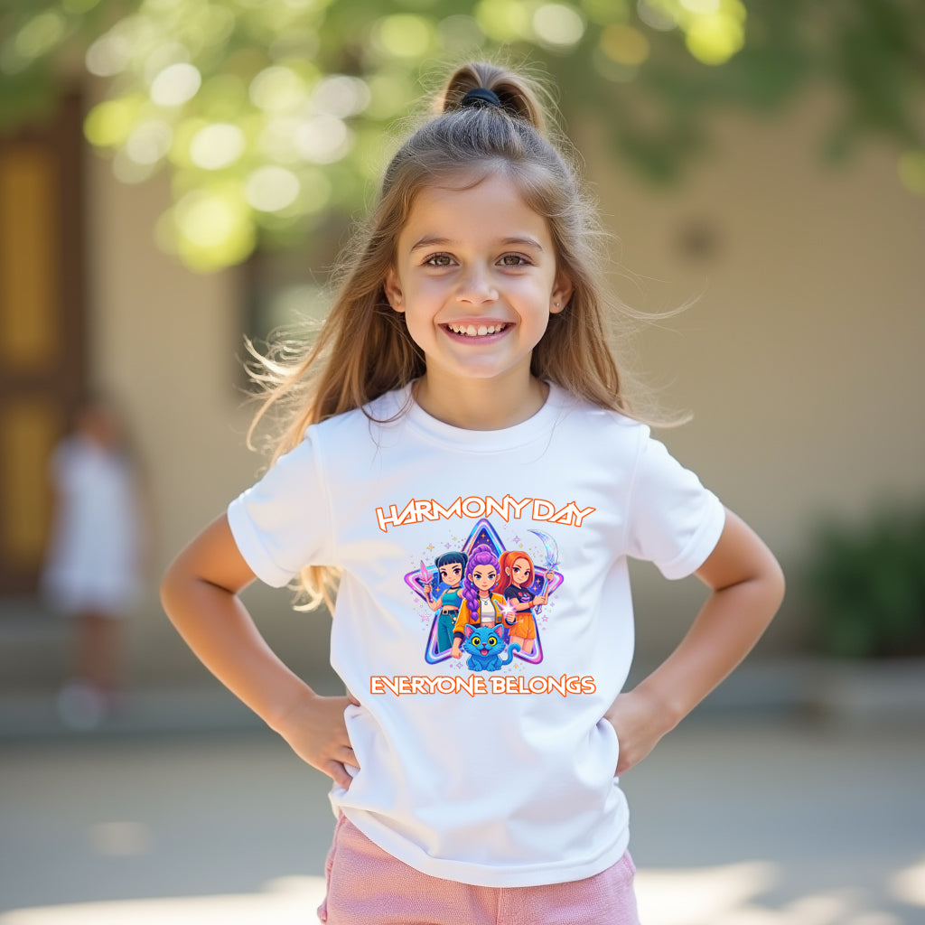 Young girl wearing a 'Harmony Day' t-shirt with colorful graphics and text.