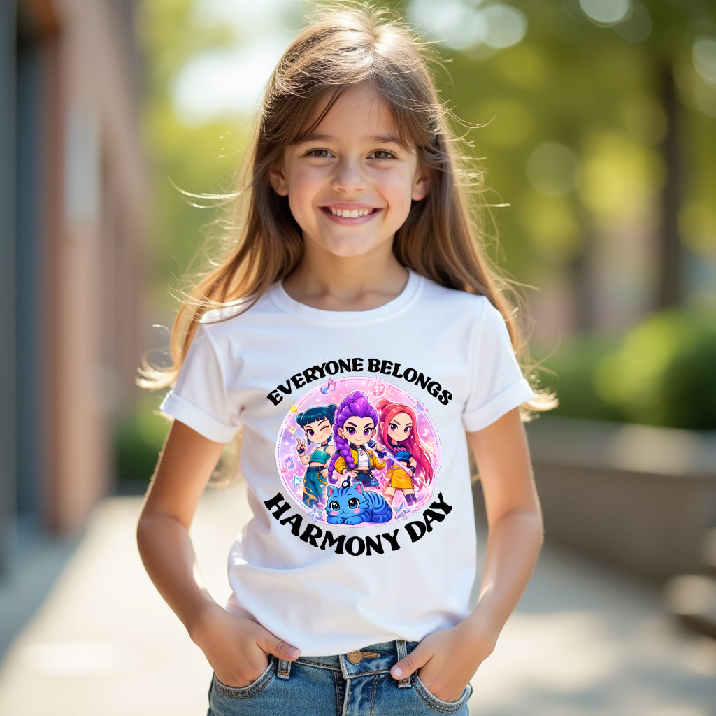 Young girl wearing a white t-shirt with a colorful graphic and text, standing outdoors.