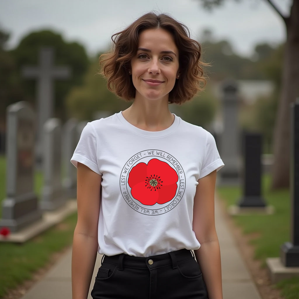 Woman wearing a white t-shirt with a red poppy design in anzac day memorial