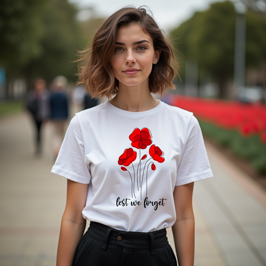 Woman wearing a white t-shirt with red floral design and 'Lest We Forget' text outdoors.