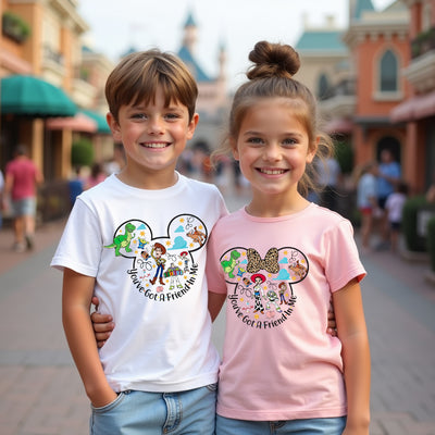 Two children wearing t-shirts with toy story cartoon character designs in a theme park setting.