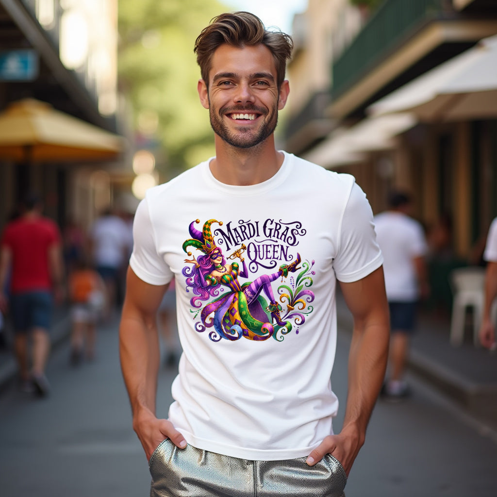 Man wearing a white t-shirt with Mardi Gras Queen design on a street background