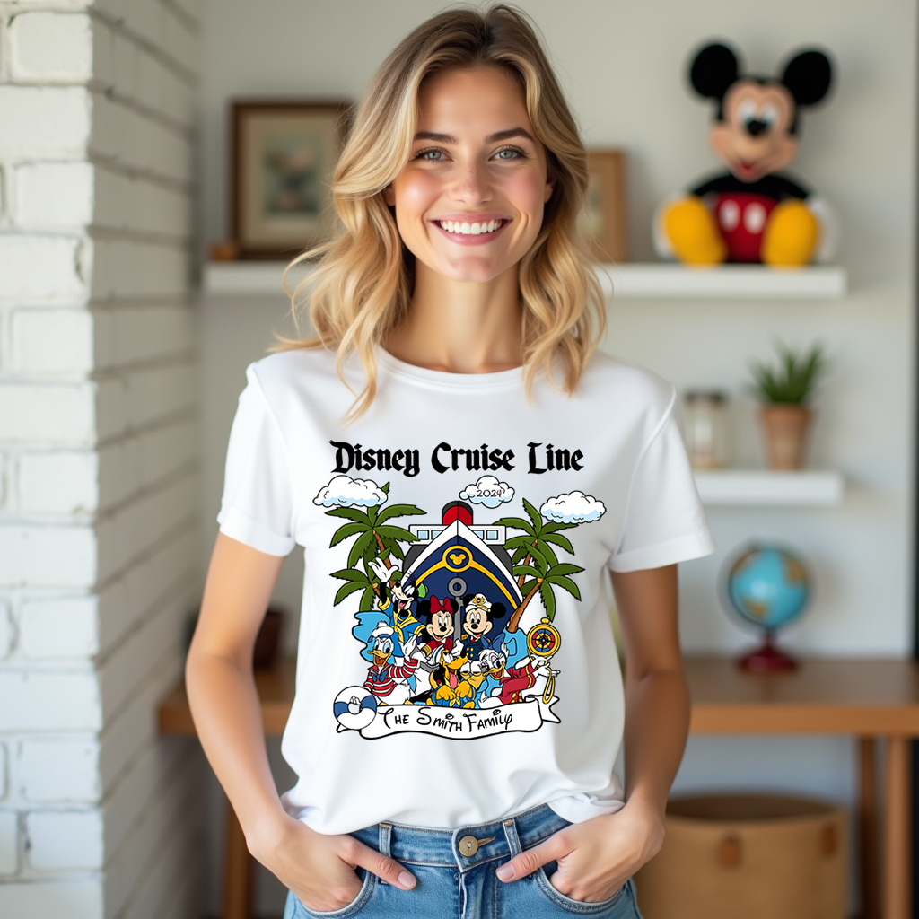 Woman wearing a Disney Cruise Line t-shirt with cartoon characters in a room.