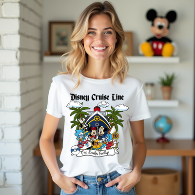 Woman wearing a Disney Cruise Line t-shirt with cartoon characters in a room.