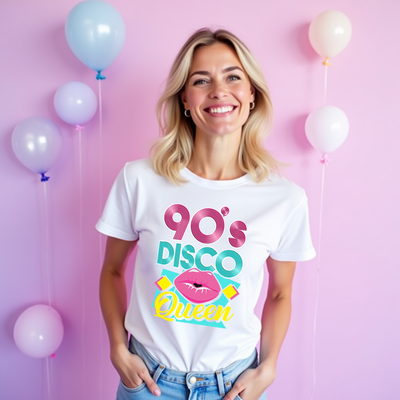 90s-inspired “Disco Queen” t-shirt styled with pink and sparkly elements, perfect for parties and retro looks.