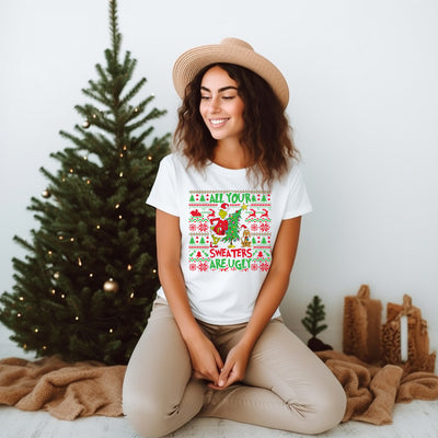 Christmas Grinch Inspired Ugly Sweater T-Shirt, festive holiday party wear for adults