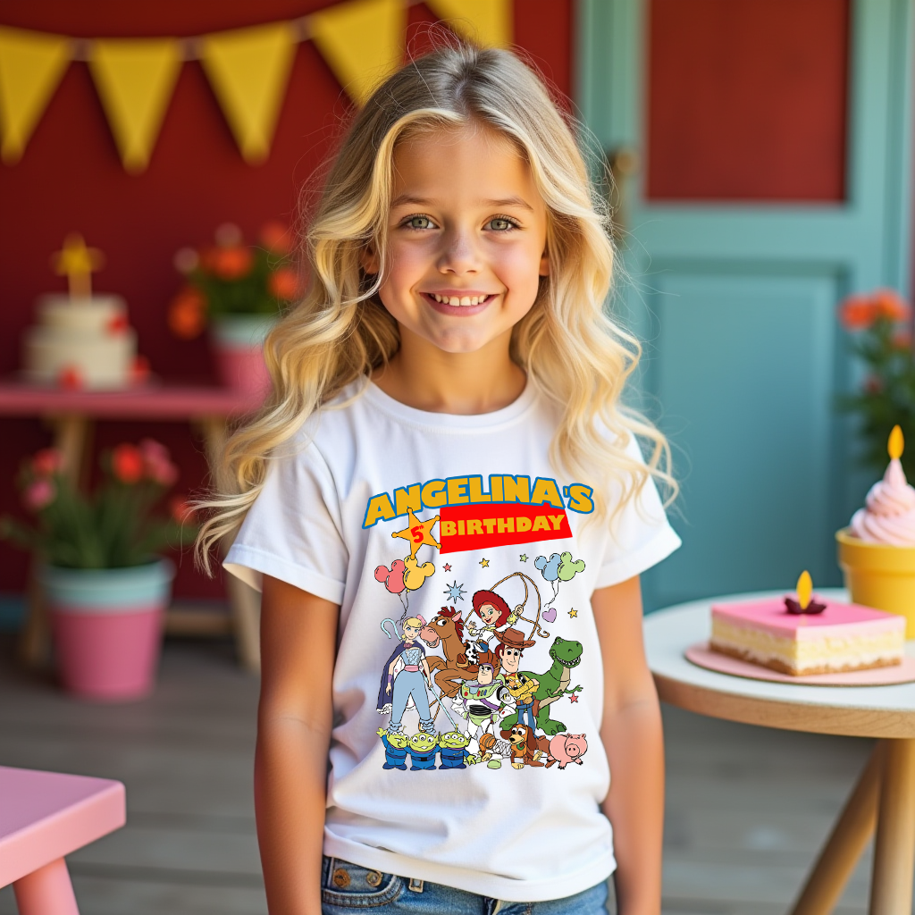 Young girl wearing a toy story birthday-themed t-shirt with colorful graphics in a festive indoor setting.