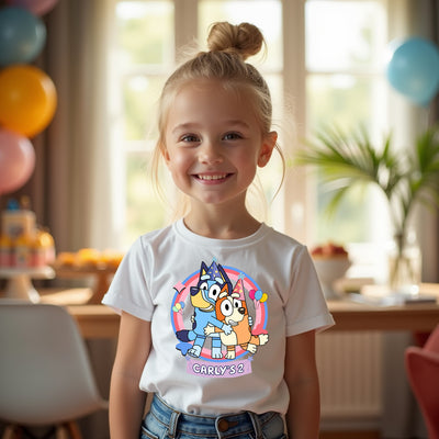 Child wearing birthday party celebration Bluey and Bingo inspired tee