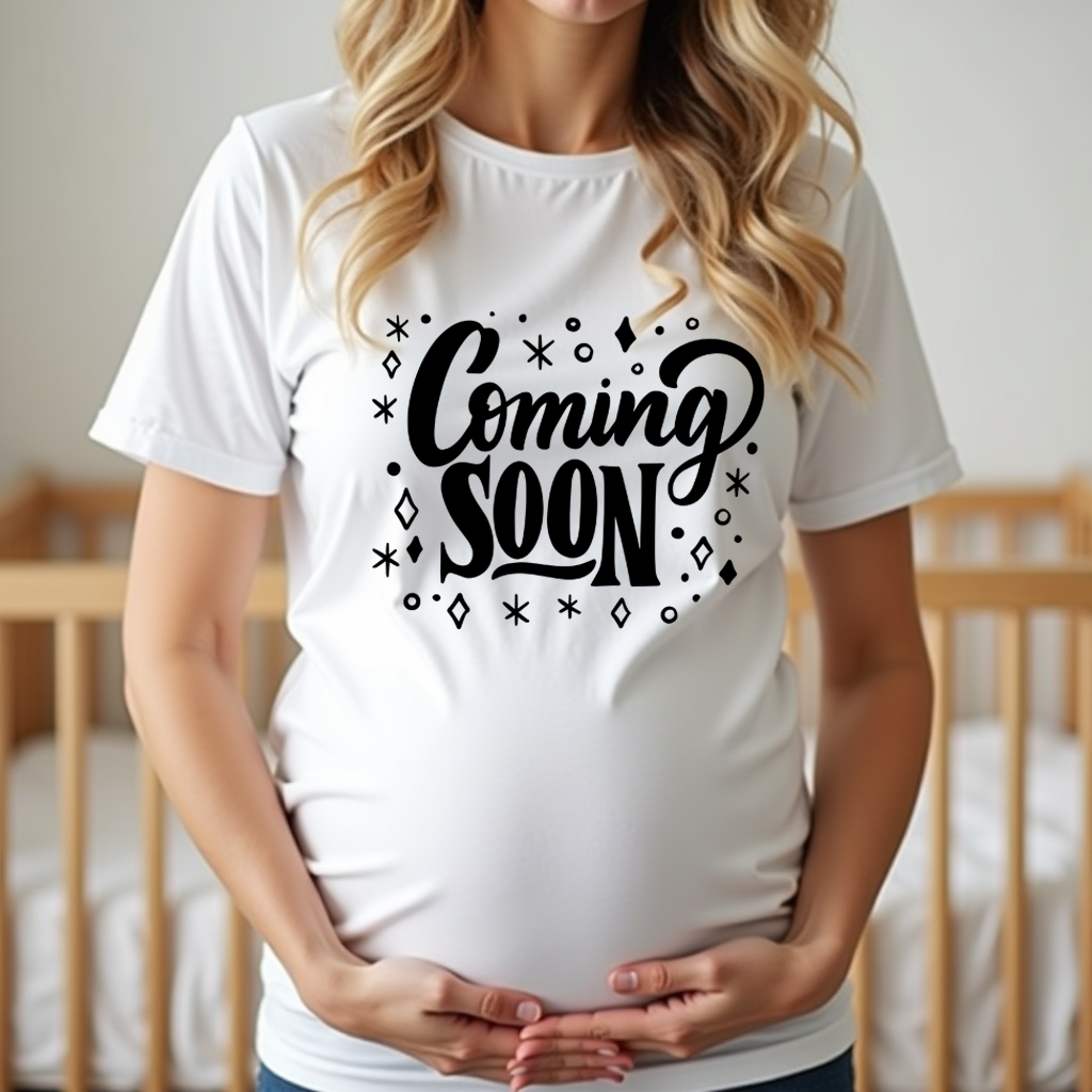 Cute maternity announcement t-shirt with “Coming Soon” printed on the front, ideal for baby reveals.