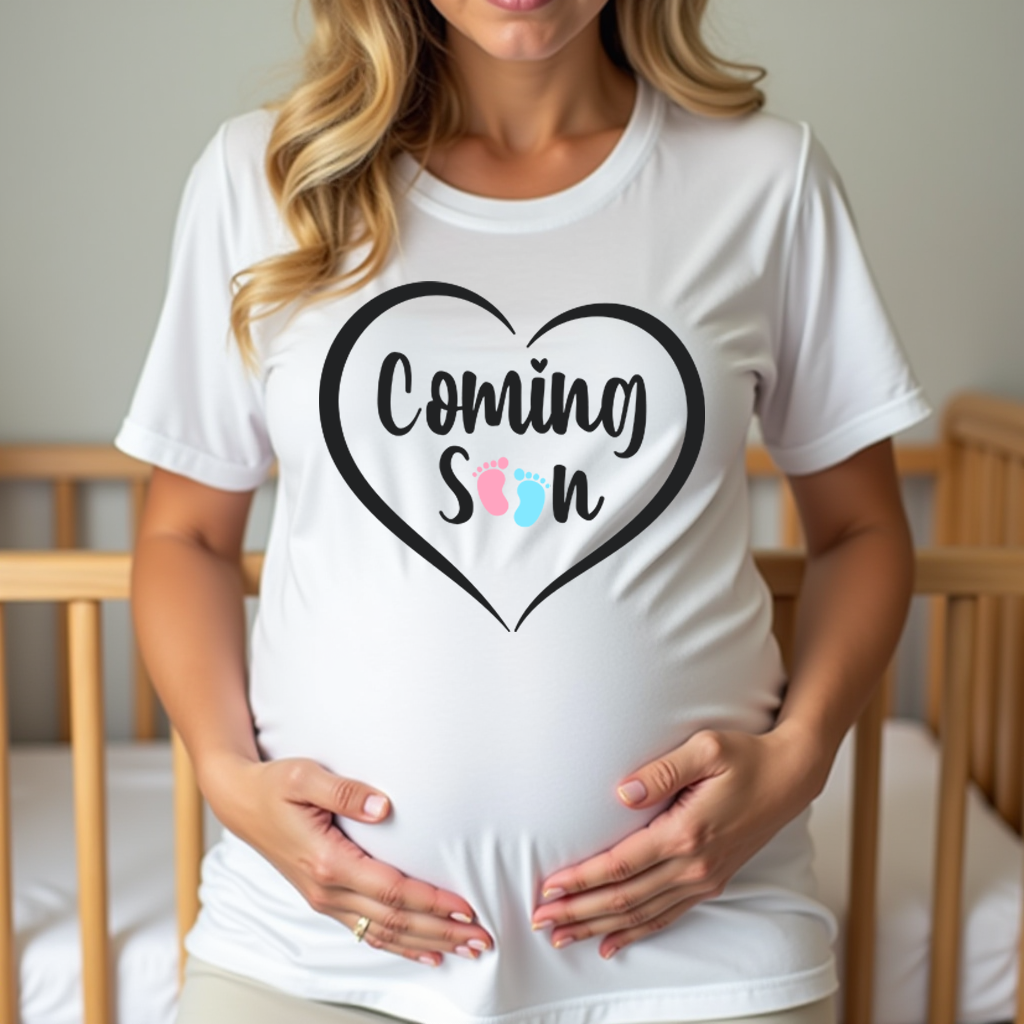 Pregnant woman in footprint-themed “Coming Soon” shirt, perfect for maternity photos and baby reveal events.