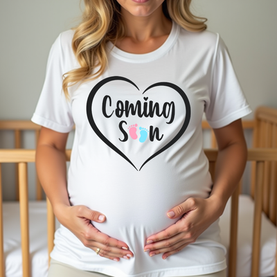 Pregnant woman in footprint-themed “Coming Soon” shirt, perfect for maternity photos and baby reveal events.