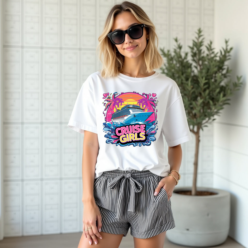 Woman wearing a white t-shirt with 'Cruise Girls' design and striped shorts, standing indoors.