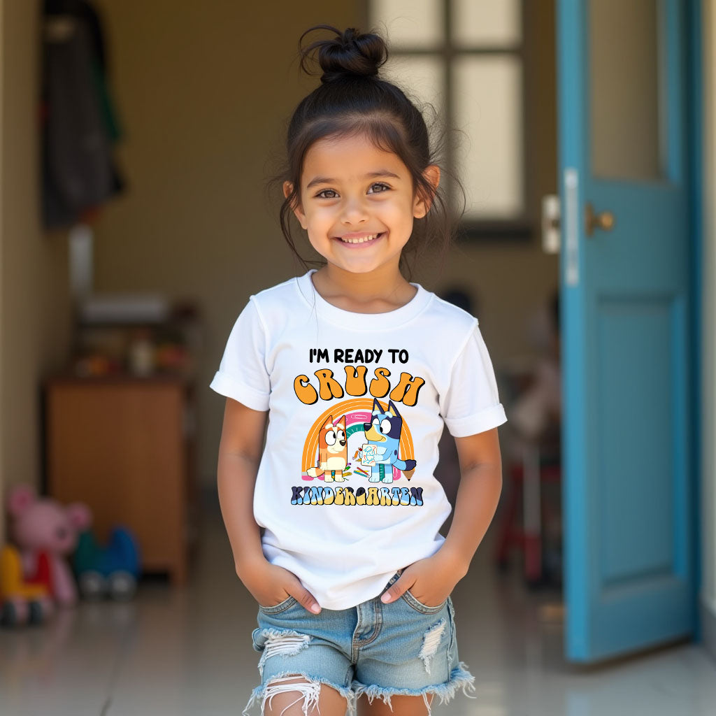 Child wearing kindergarten milestone Bluey and Bingo inspired tee