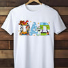 White t-shirt with colorful 'DAD' graphic on a wooden background