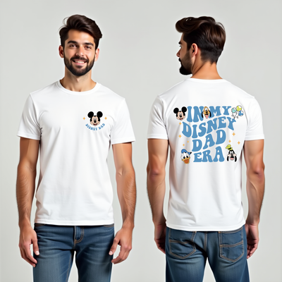 Man wearing Disney Dad Era shirt at theme park entrance with balloons