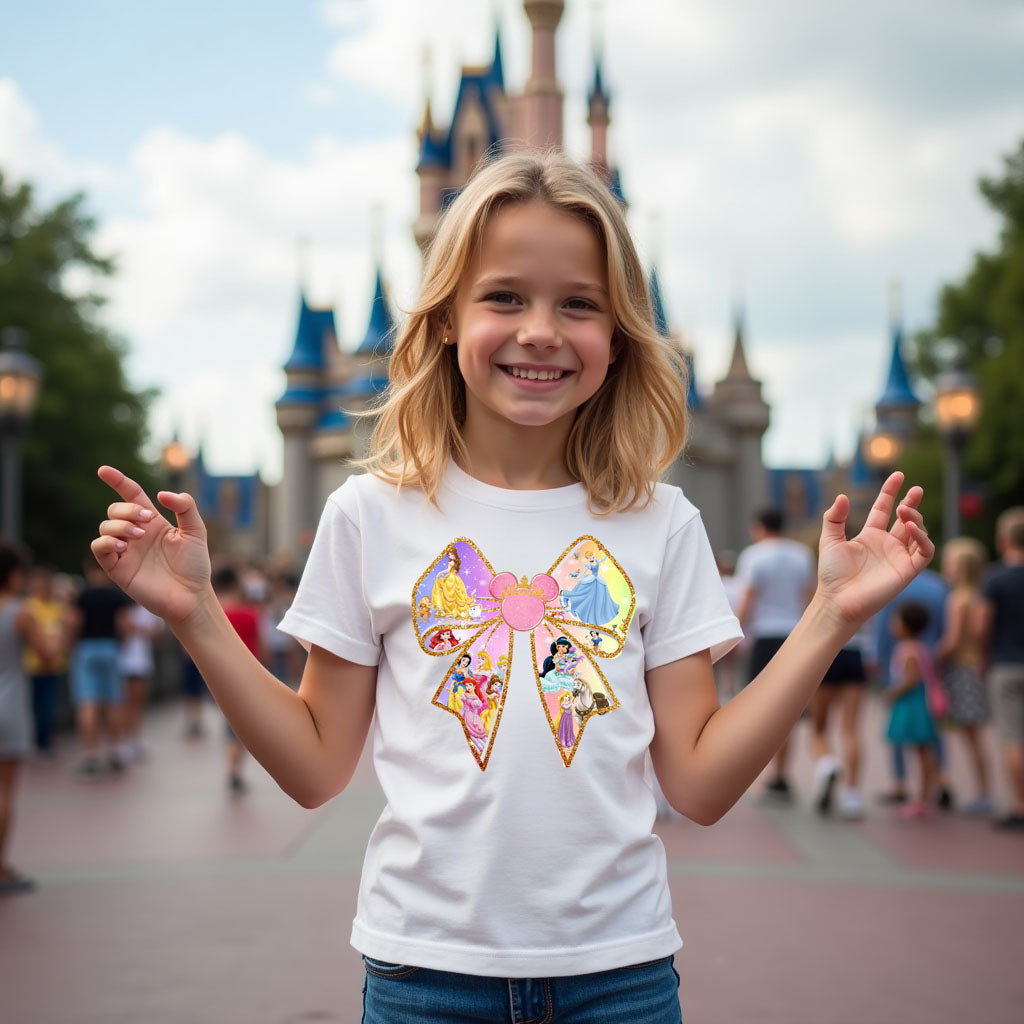Young girl wearing a disney princess bow white t-shirt with a colorful bow design in front of a castle-like structure.