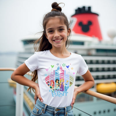 Young girl wearing a white t-shirt with a colorful graphic design, standing on a deck with a cruise ship in the background.