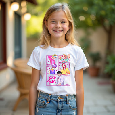 Young girl wearing a white t-shirt with colorful graphics and text, standing outdoors.
