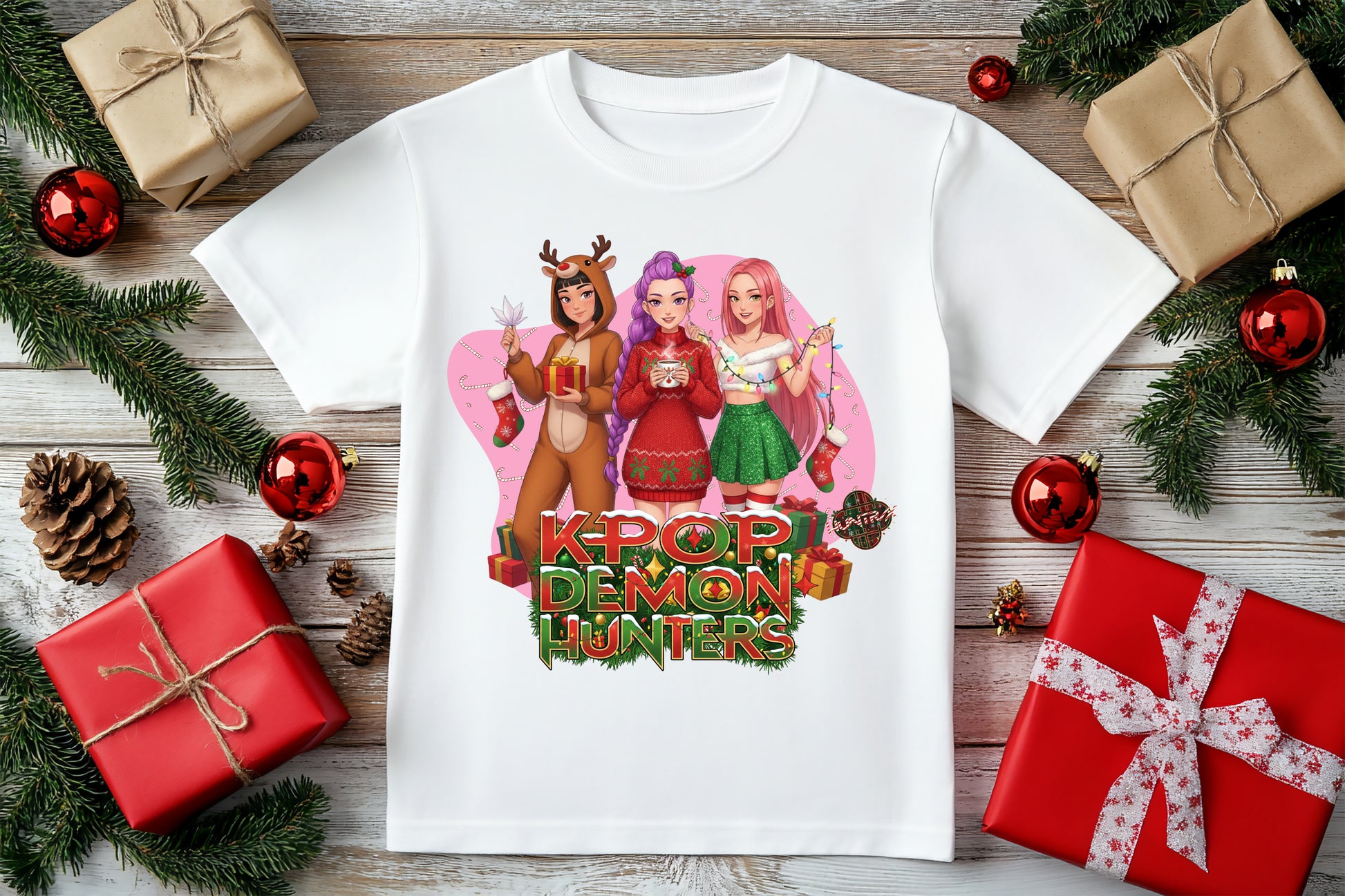 PJ Wear 3D Demon Hunters Christmas K-Pop graphic t-shirt, bold holiday fashion style.