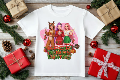 PJ Wear 3D Demon Hunters Christmas K-Pop graphic t-shirt, bold holiday fashion style.
