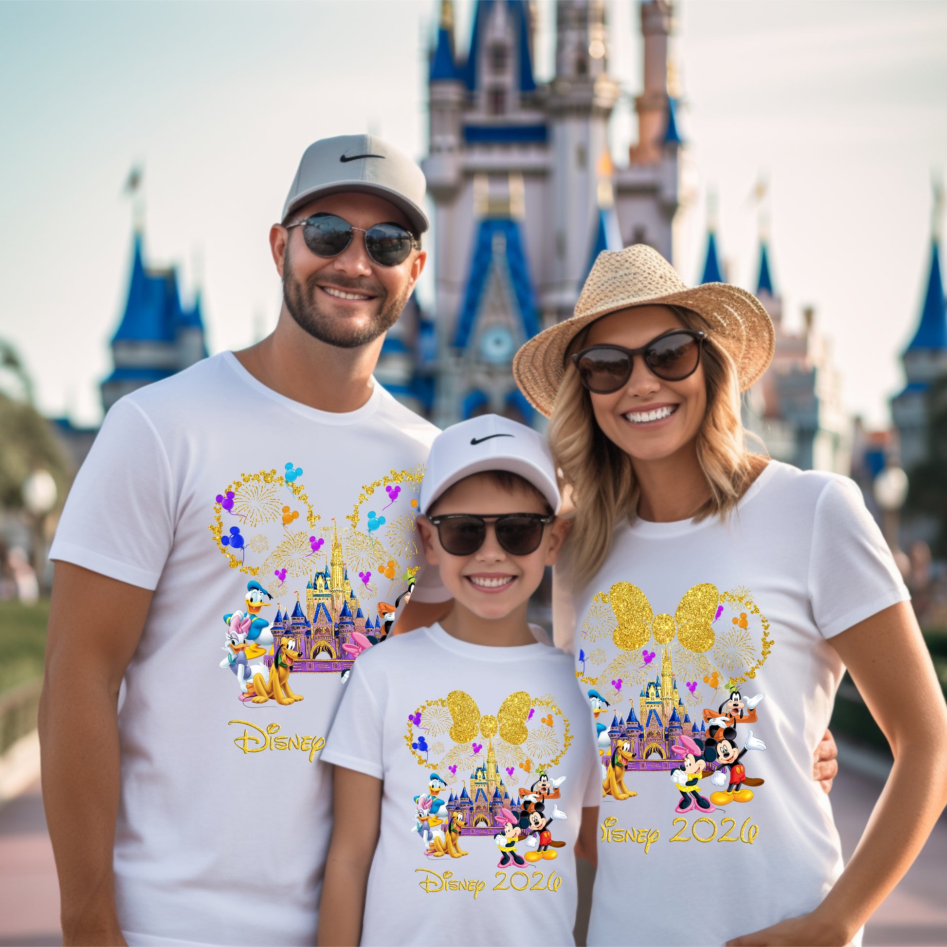 family standing outside a disney castle wearing matching disney tshirts