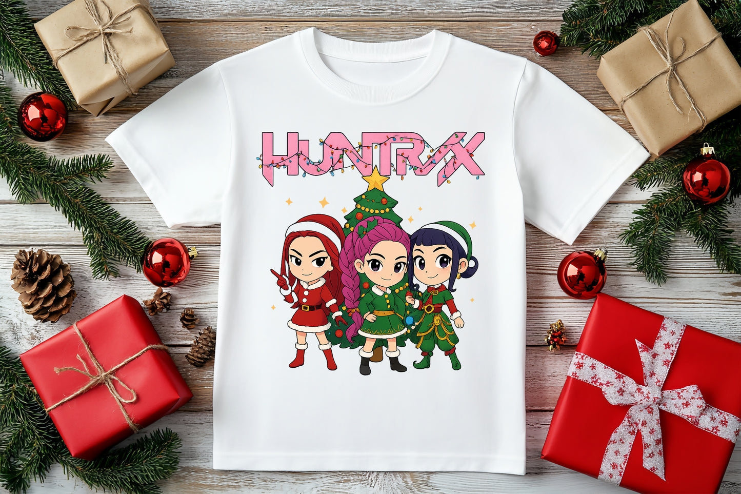 Idol Vibes 3D Demon Hunters Christmas K-Pop graphic t-shirt, bold holiday fashion style.