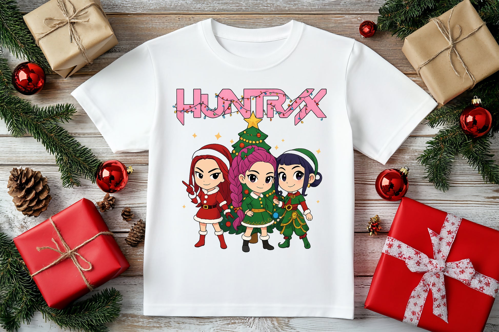 Idol Vibes 3D Demon Hunters Christmas K-Pop graphic t-shirt, bold holiday fashion style.