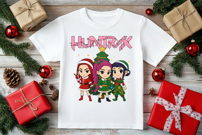 Idol Vibes 3D Demon Hunters Christmas K-Pop graphic t-shirt, bold holiday fashion style.
