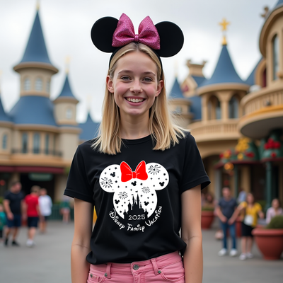 Person wearing a black t-shirt with a Disney-themed design and Minnie Mouse ears in front of a castle-like building.