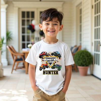 Boy wearing white personalised Monster Jam t-shirt with monster trucks design