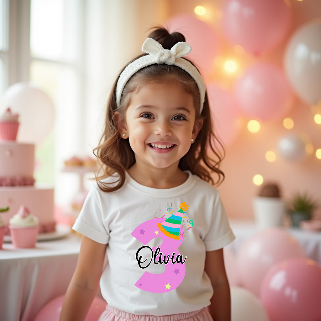 Young girl in a birthday-themed setting with balloons and a cake, wearing a shirt with 'Olivia' and number '3'.