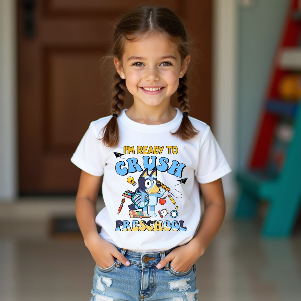 Child wearing preschool milestone Bluey inspired tee
