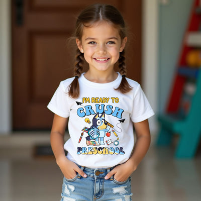 Child wearing preschool milestone Bluey inspired tee