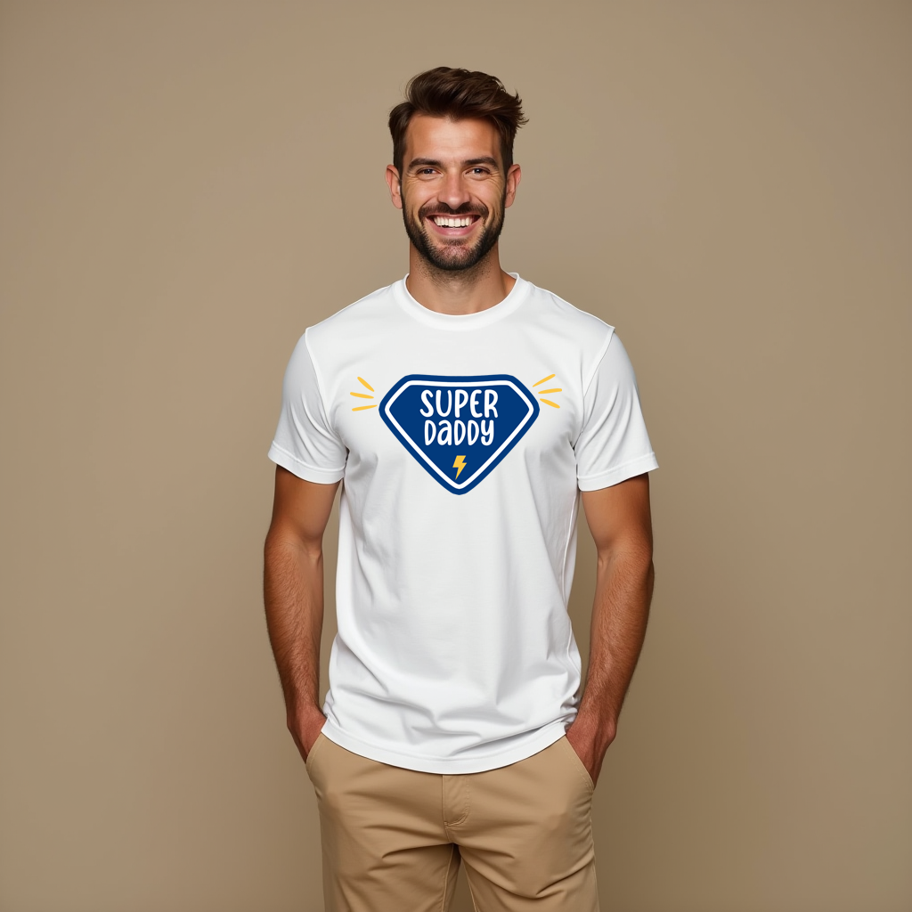 Man wearing a white t-shirt with 'Super Daddy' design on a beige background