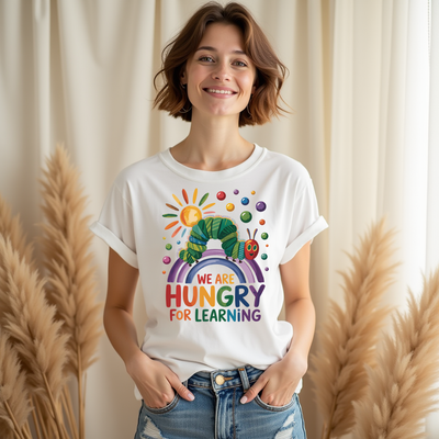 Caterpillar-themed t-shirt with “Hungry for Learning” text, perfect for Book Week, teachers, or early learners.