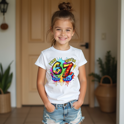 Young girl wearing a white t-shirt with colorful text design, standing indoors.