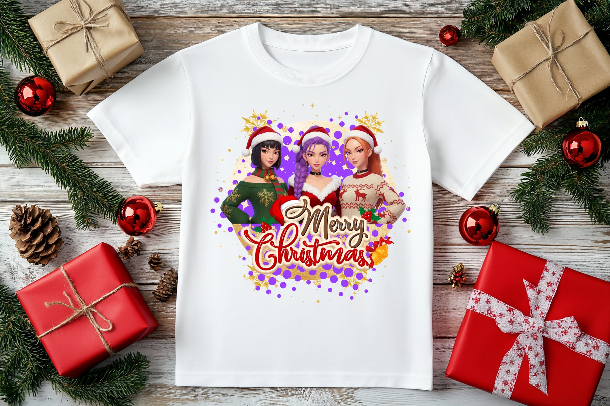 Merry Christmas 3D Demon Hunters K-Pop graphic t-shirt, bold holiday fashion style
