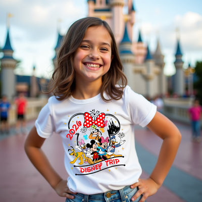 Young girl wearing a Disney-themed t-shirt with a castle in the background