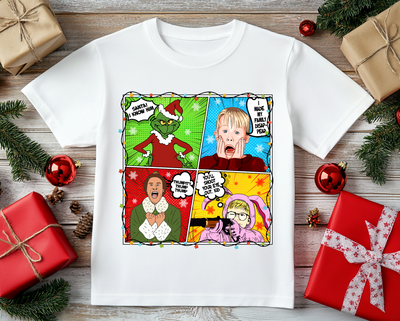 Bold comic-inspired Christmas movie graphic tee design