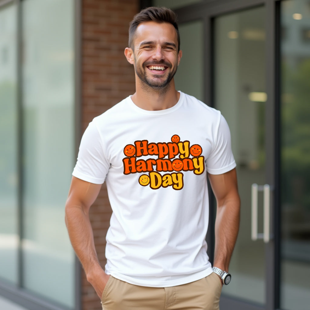 Man wearing a white t-shirt with 'Happy Harmony Day' text, standing outdoors.