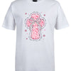 White t-shirt with a pink floral cross design on a white background